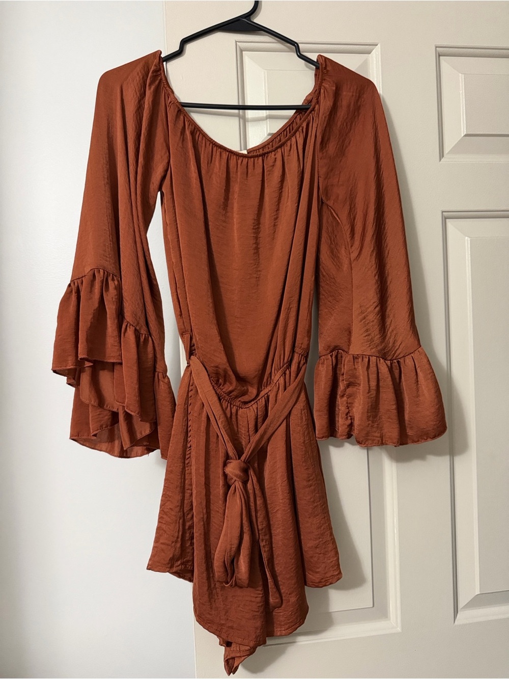 Listicle Rust Orange Bell-Sleeve Jumpsuit with Waist Tie